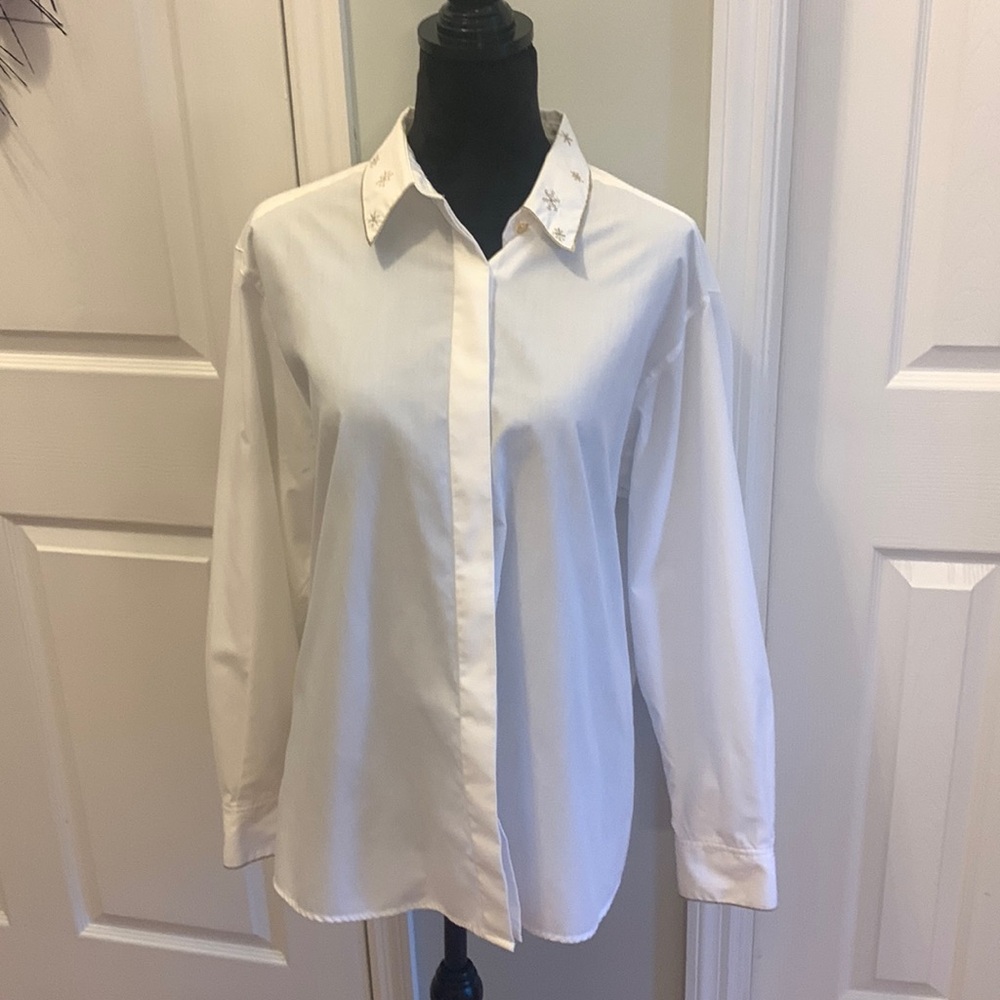 Vintage Talbots Gold Trim Snowflake Collar Button Up Top- Size L
